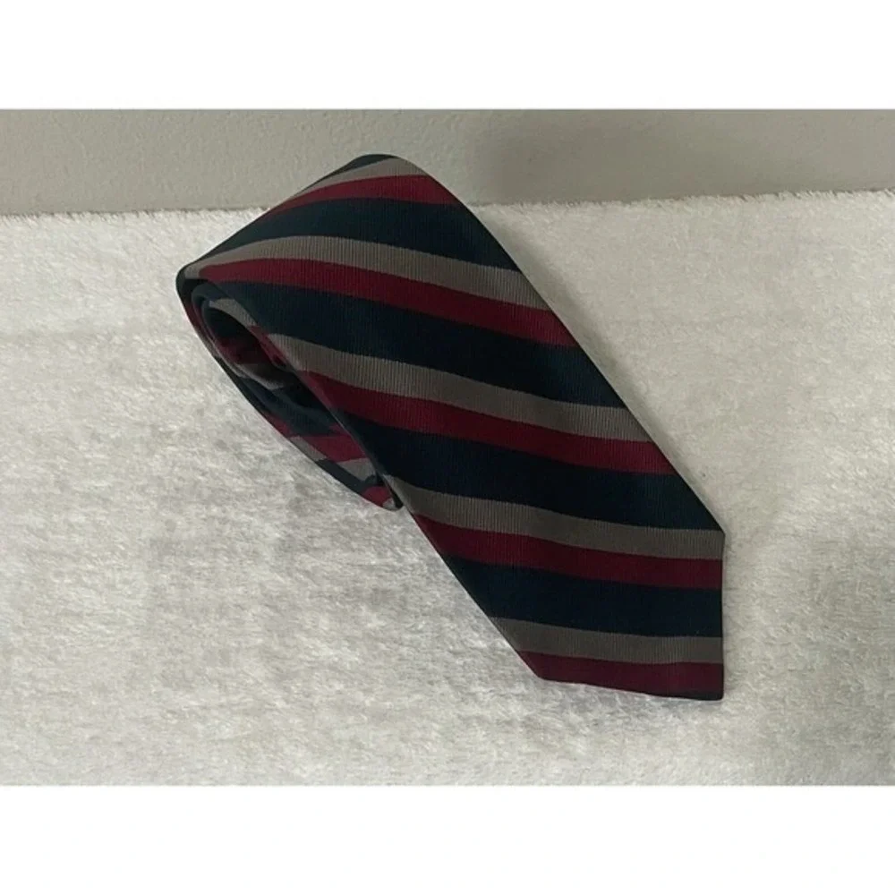 Polo Ralph Lauren Necktie Mens Burgundy Dk Green Gray Silk Striped USA Old Money